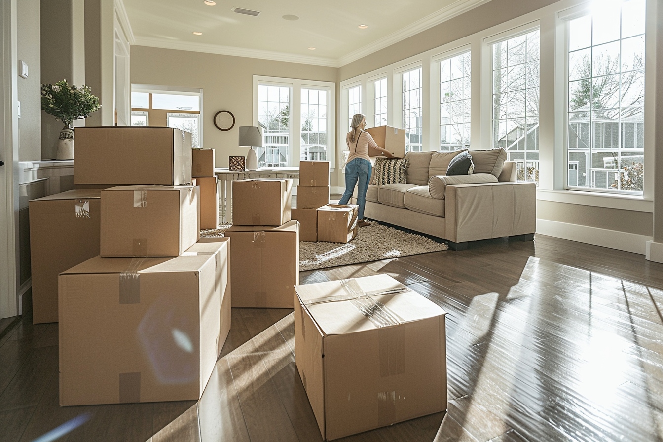 Déménagement, cartons dans salon lumineux.